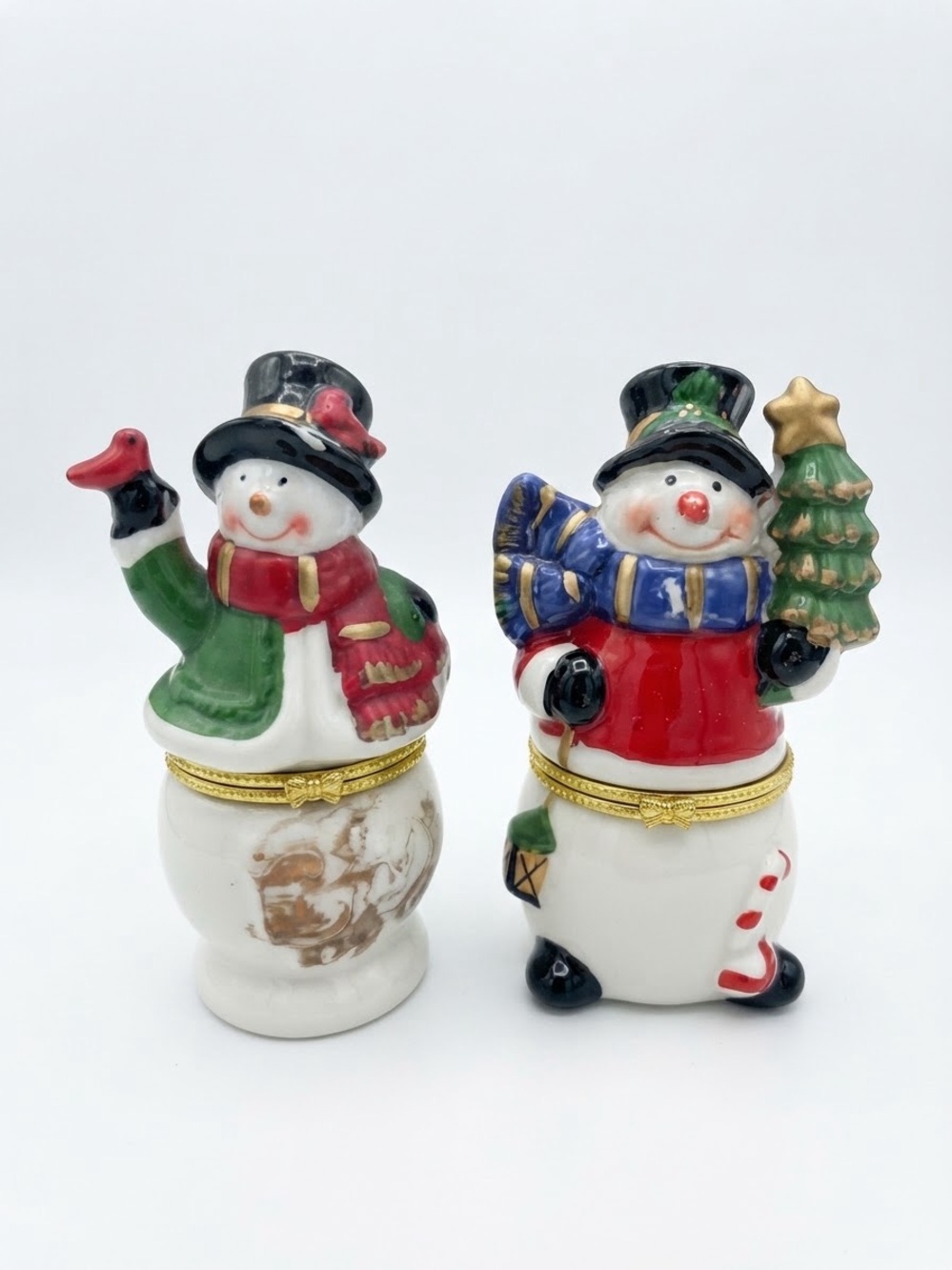 Set of 2 Vintage Limoge Snowman Hinged Trinket Boxes Christmas Decor 5"